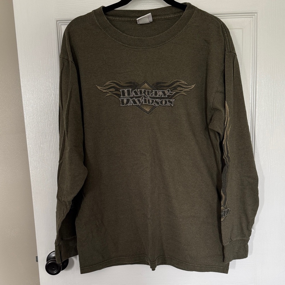 Harley-Davidson Army Green Long Sleeve Logo Tee with Flame Detail